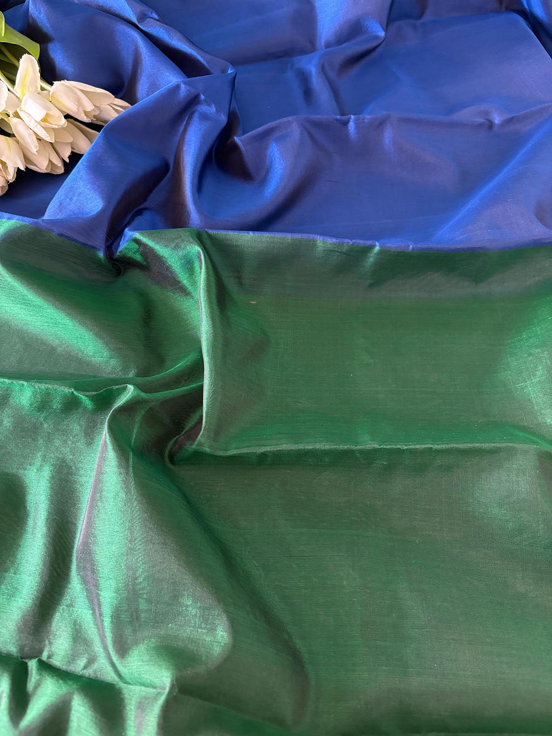 Blue And Green Pure Chanderi Silk Handloom Kurti Fabric - Luxurion World