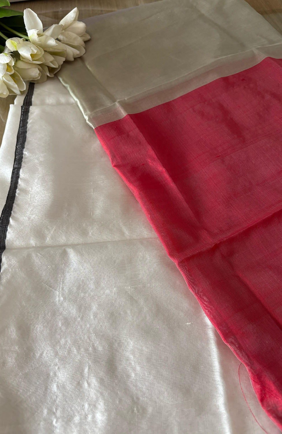 Pastel And Red Pure Chanderi Silk Handloom Kurti Fabric - Luxurion World