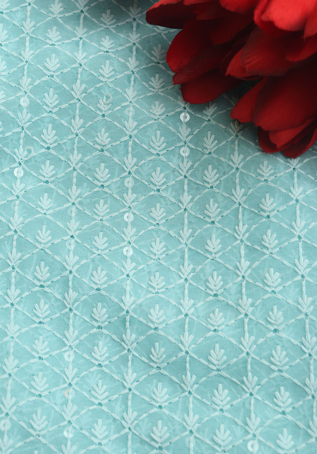 Blue Chikankari Embroidered Georgette Fabric ( 1 Mtr ) - Luxurion World