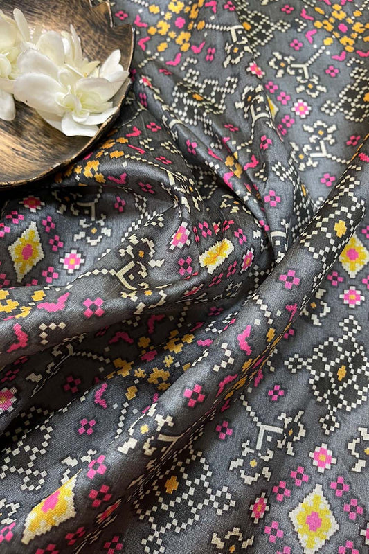 Grey Digital Printed Patola Design Tussar Silk Fabric ( 1 Mtr ) - Luxurion World
