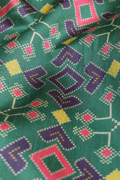 Green Patola Design Tussar Silk Fabric  - Digital Print ( 1 Mtr ) - Luxurion World