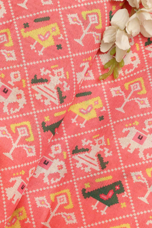 Pink Patola Design Tussar Silk Fabric  - Digital Print ( 1 Mtr )
