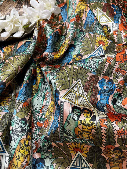 Multicolor Digital Printed Kalamkari Tussar Silk Fabric ( 1 Mtr ) - Luxurion World