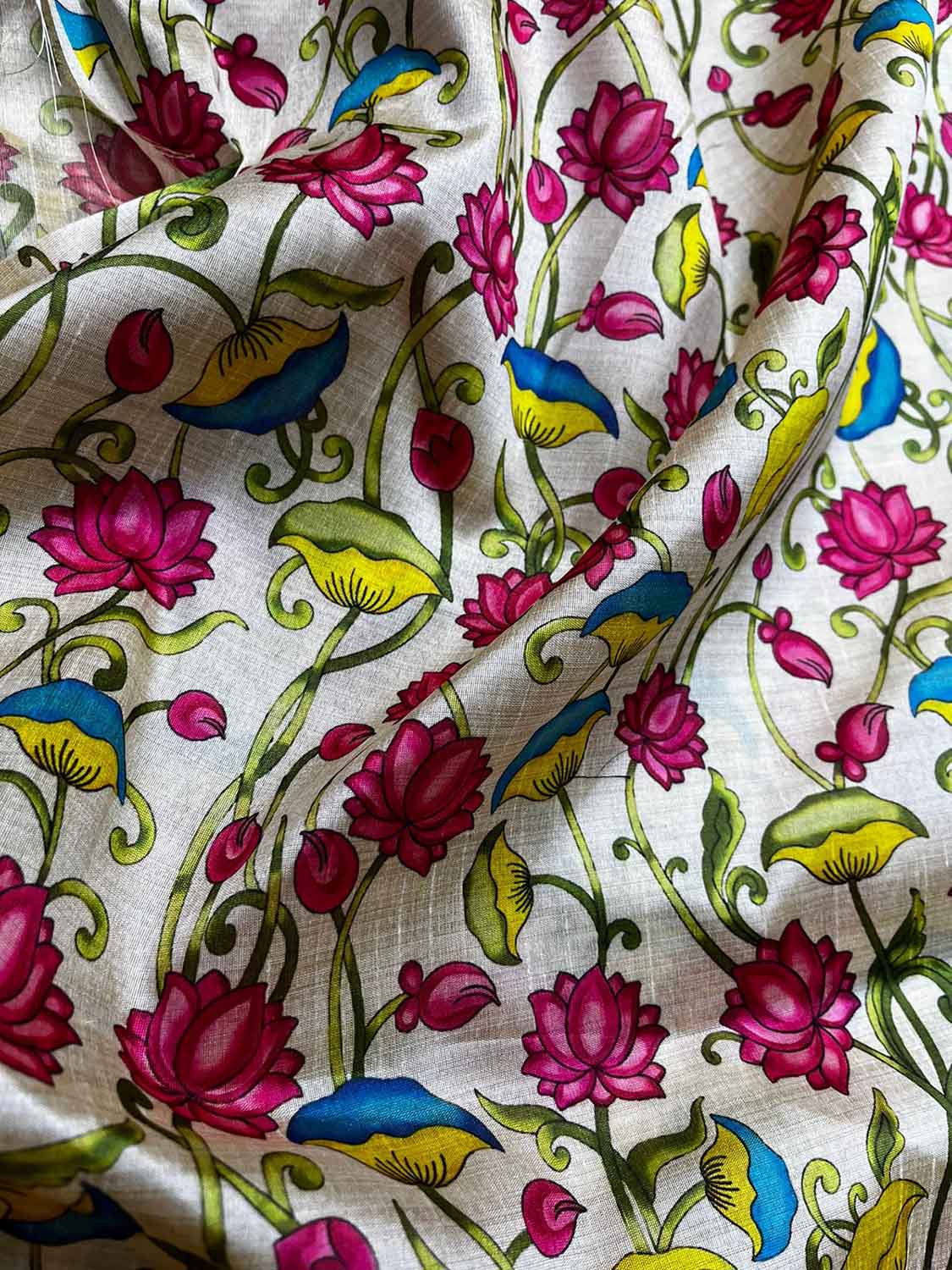 Pastel Digital Printed Kalamkari Tussar Silk Floral Design Fabric ( 1 Mtr ) - Luxurion World