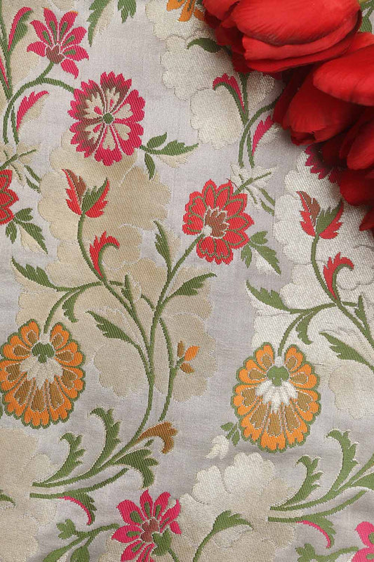 Grey Banarasi KimKhwab Silk Meenakari Fabric ( 1 Mtr ) - Luxurion World