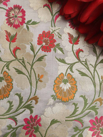 Grey Banarasi KimKhwab Silk Meenakari Fabric ( 1 Mtr ) - Luxurion World