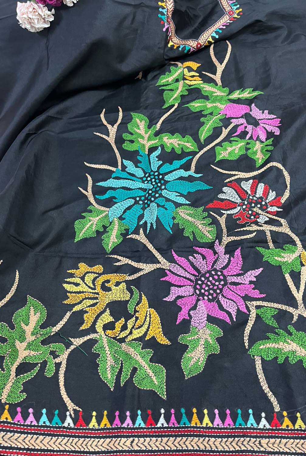 Black Hand Embroidered Kantha Bangalore Silk Unstitched Kurti - Luxurion World