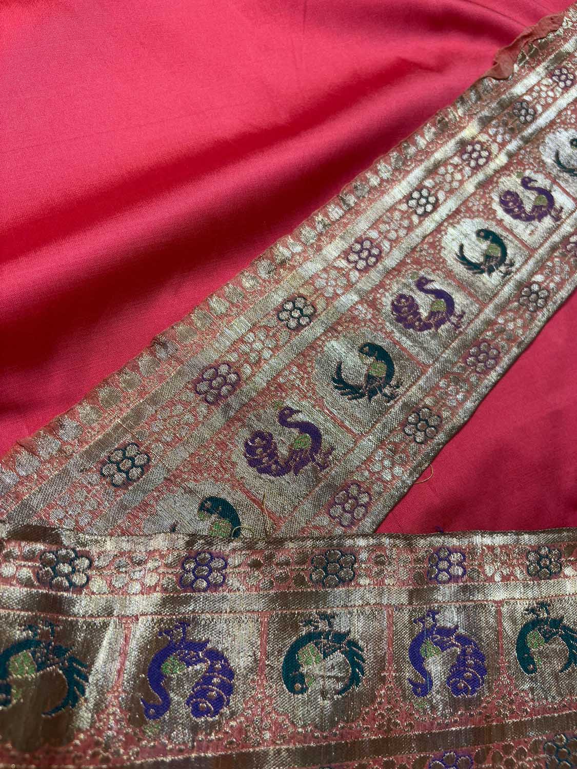 Red Plain Soft Silk Unstitched Kurti Fabric With Vintage Banarasi Border - Luxurion World