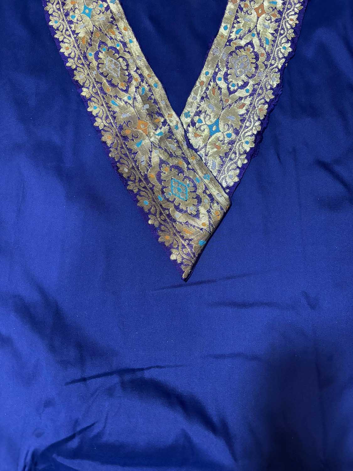 Blue Plain Soft Silk Unstitched Kurti Fabric With Vintage Banarasi Border - Luxurion World