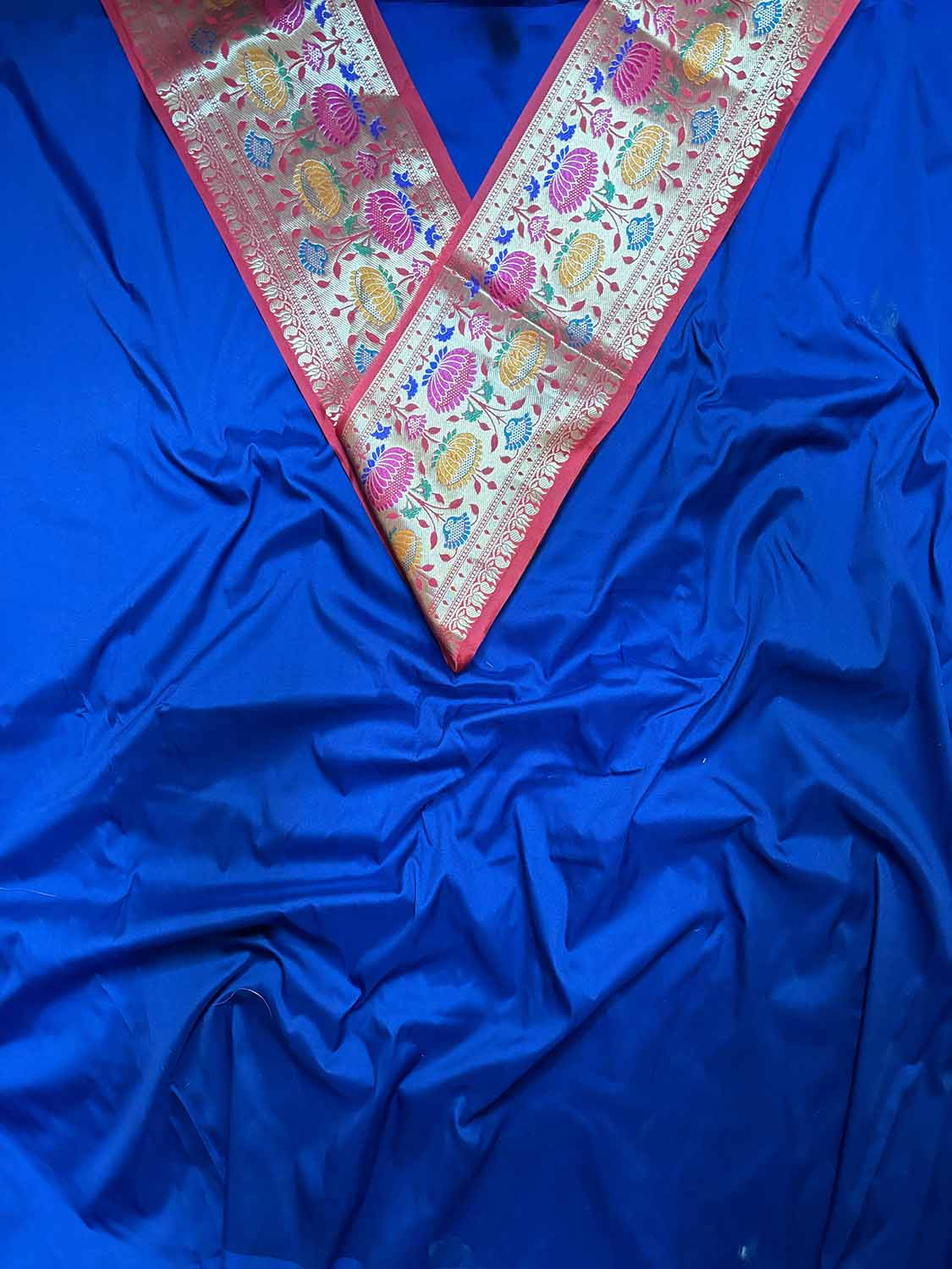 Blue Plain Soft Silk Unstitched Kurti Fabric With Red Paithani Silk Flower Design Lace - Luxurion World