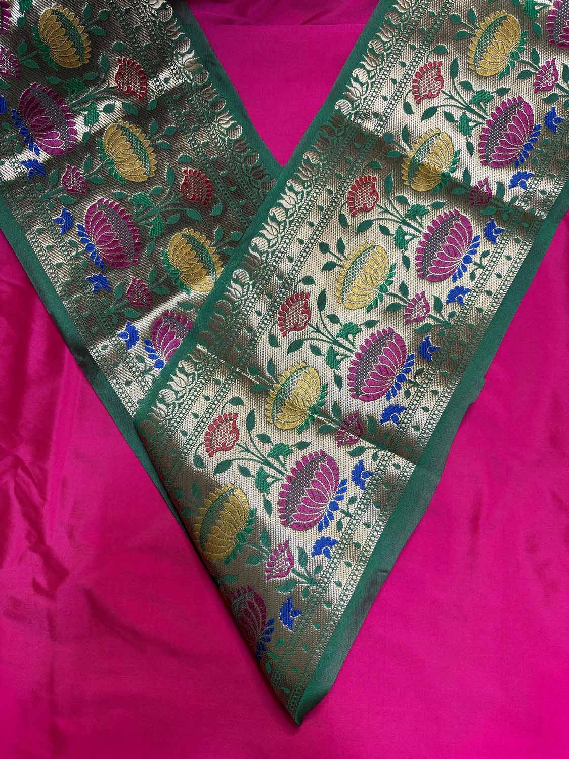 Pink Plain Soft Silk Unstitched Kurti Fabric With Green Paithani Silk Flower Design Lace - Luxurion World