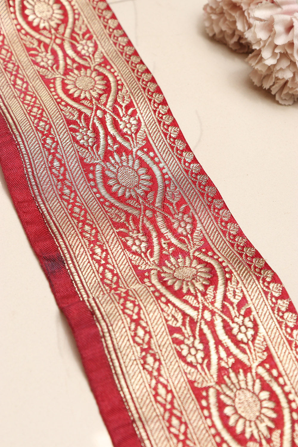 Red Banarasi Handloom Vintage Pure Silk Border Lace - Luxurion World
