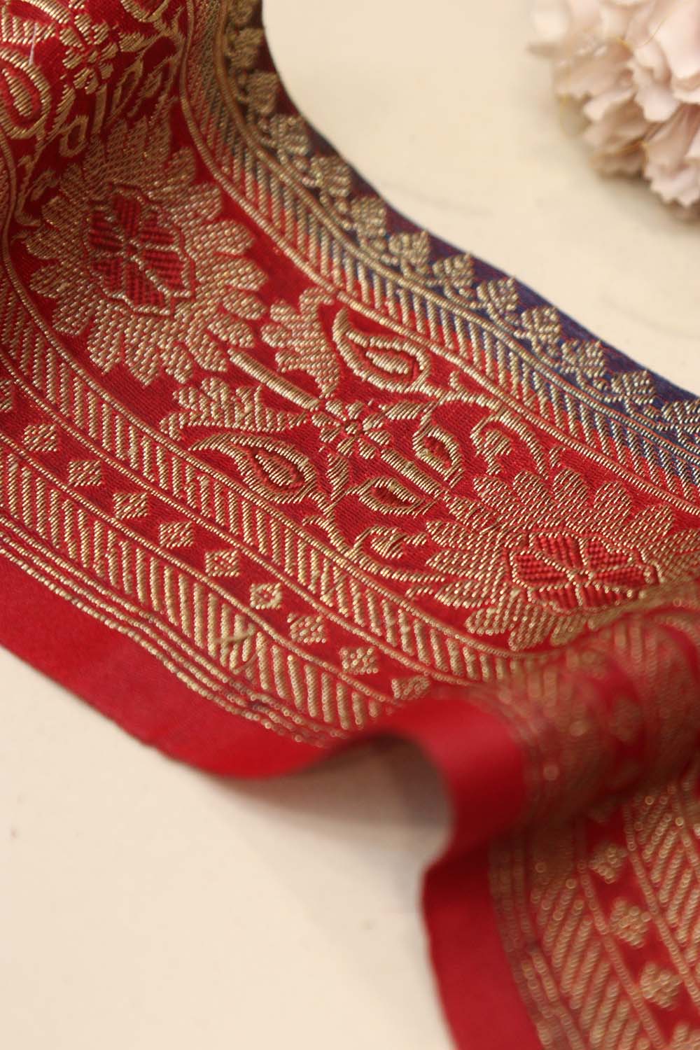 Red Banarasi Handloom Vintage Pure Silk Border Lace - Luxurion World