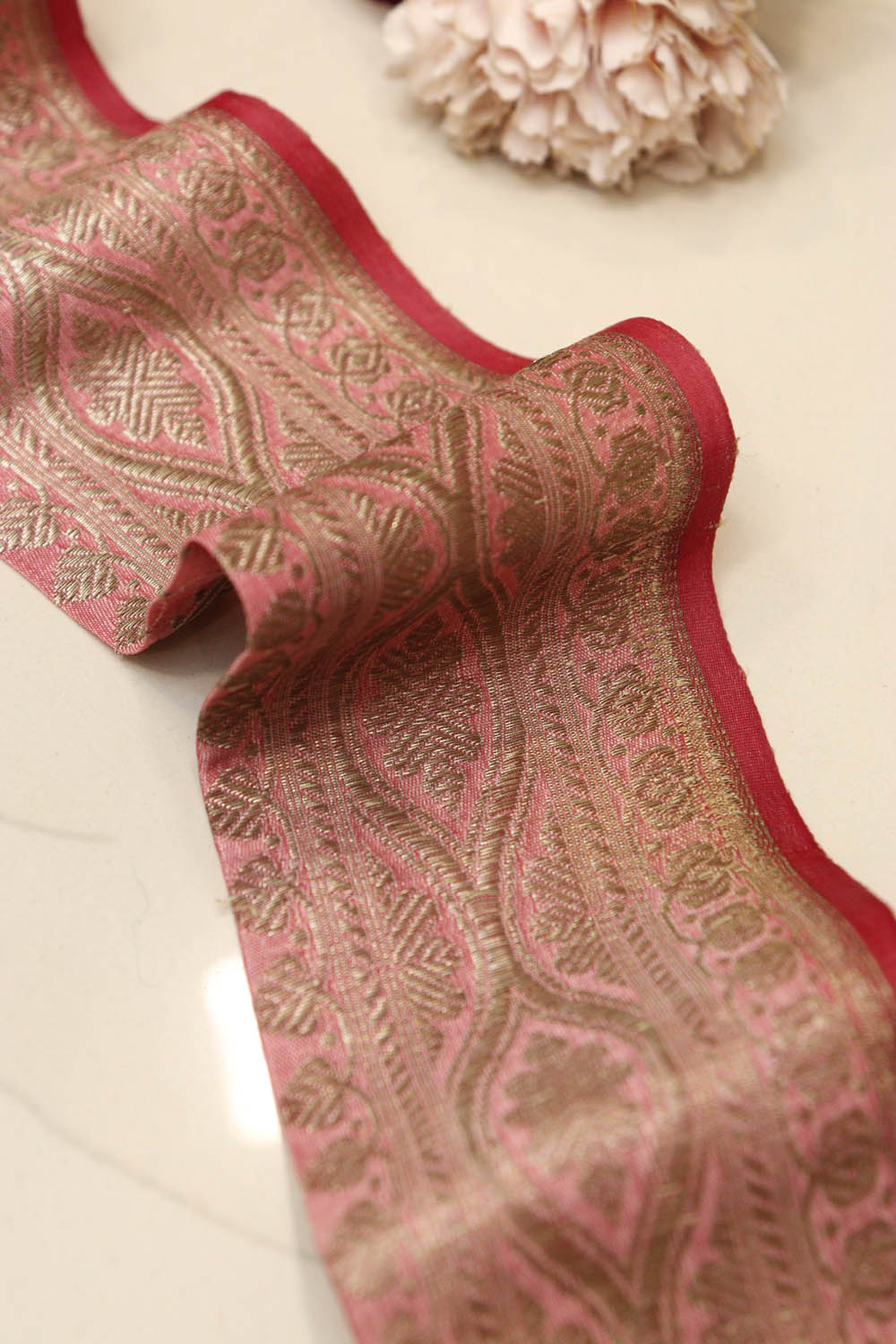 Pinkish Red Banarasi Handloom Vintage Pure Silk Border Lace (1 Mtr) - Luxurion World