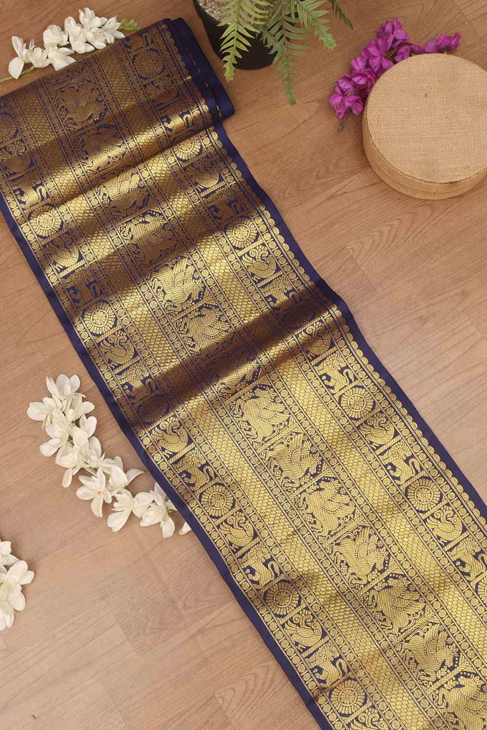 Blue Handloom Kanjeevaram Pure Silk Lace ( 9 Mtr ) - Luxurion World