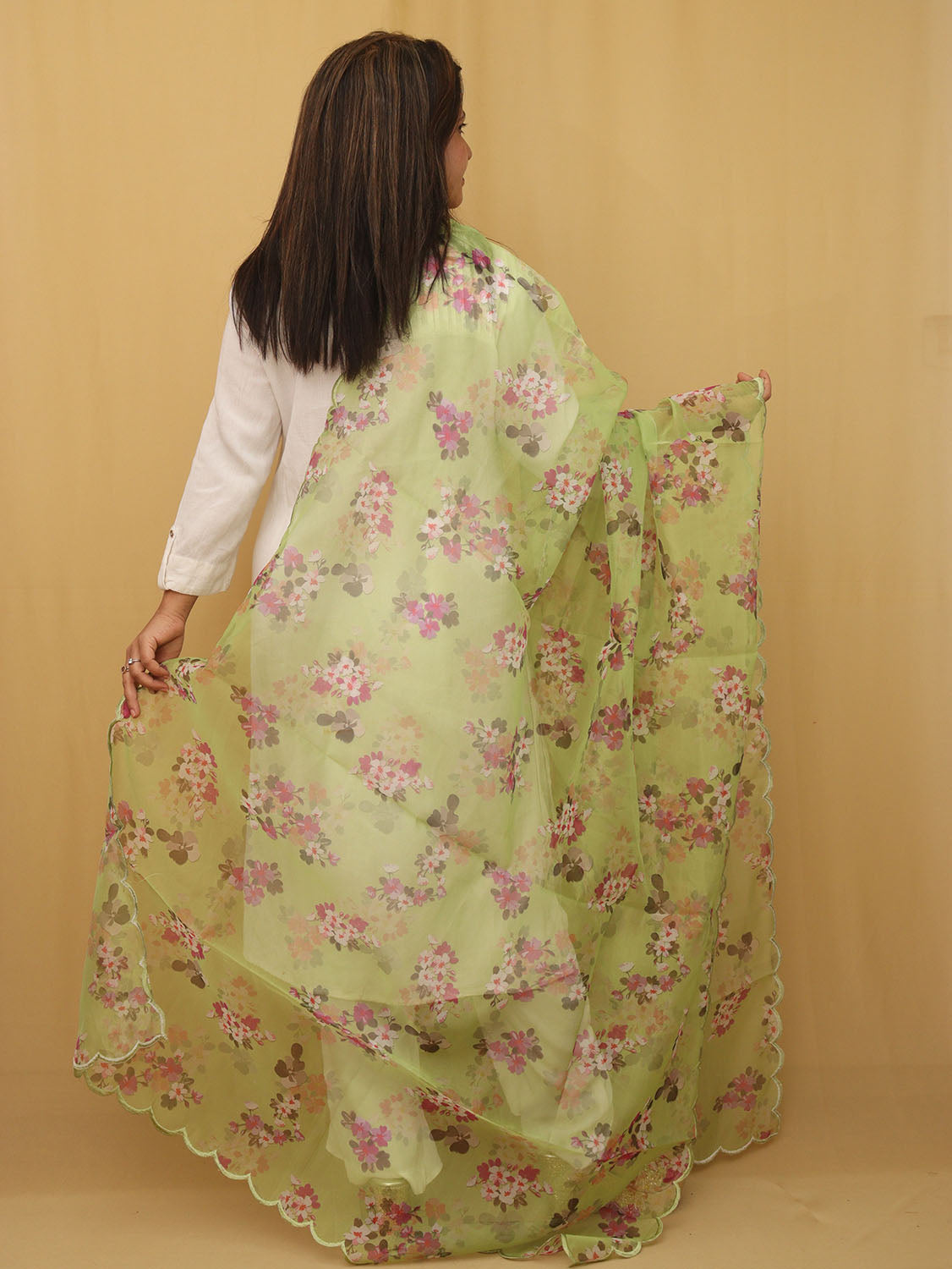 Green Digital Printed Organza Silk Dupatta With Scalloped Border - Luxurion World