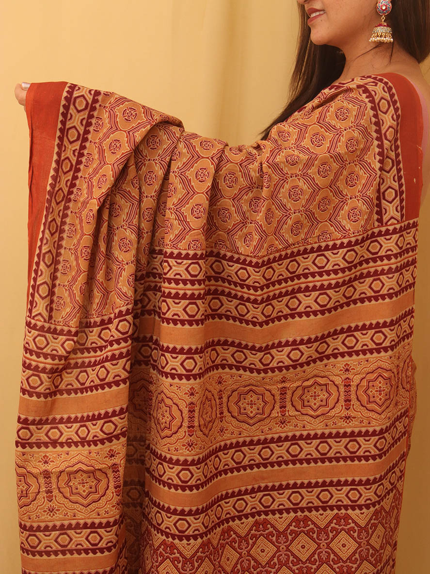 Multicolor Block Printed Ajrakh Work Cotton Saree - Luxurion World