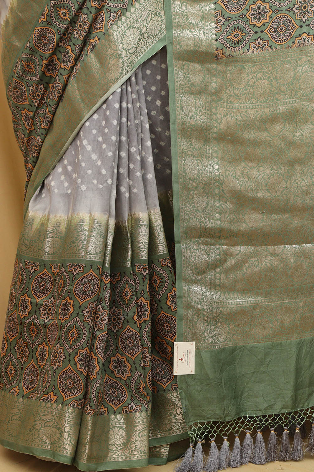 Graceful Grey Banarasi Handloom Chiniya Silk Ajrakh Design Hand Bandhej Saree - Luxurion World