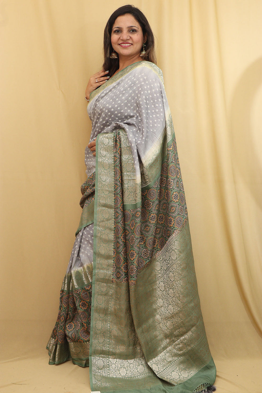 Graceful Grey Banarasi Handloom Chiniya Silk Ajrakh Design Hand Bandhej Saree - Luxurion World