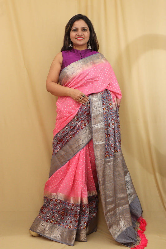 Elegant Pink Banarasi Handloom Chiniya Silk Ajrakh Design Hand Bandhej Saree
