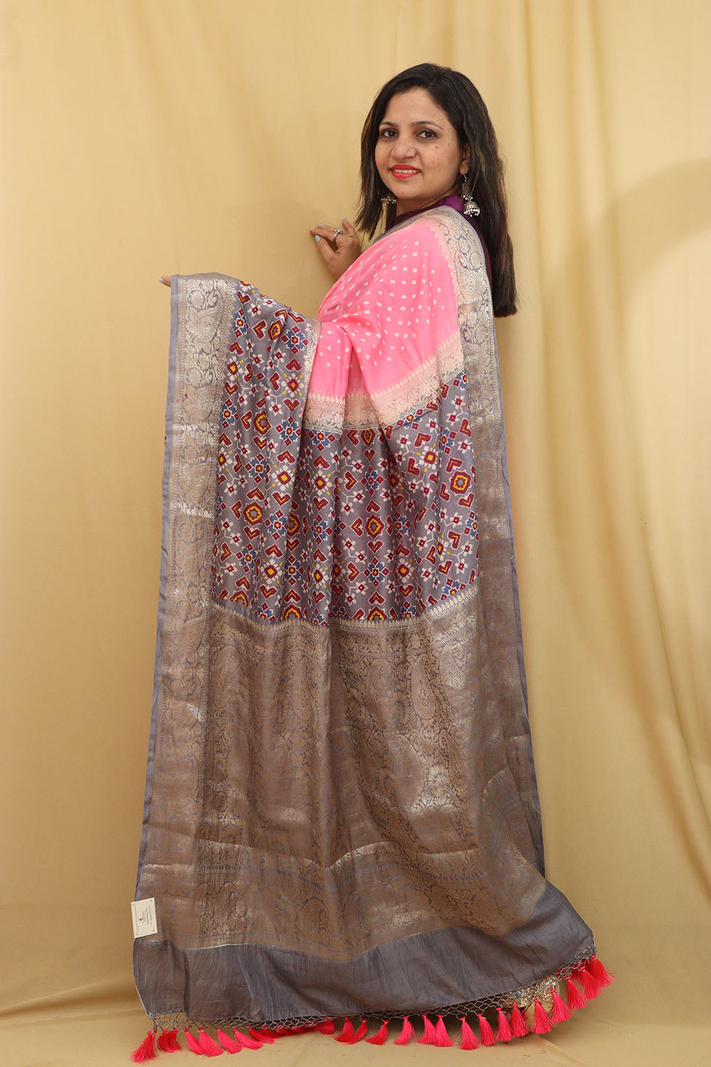 Elegant Pink Banarasi Handloom Chiniya Silk Ajrakh Design Hand Bandhej Saree - Luxurion World
