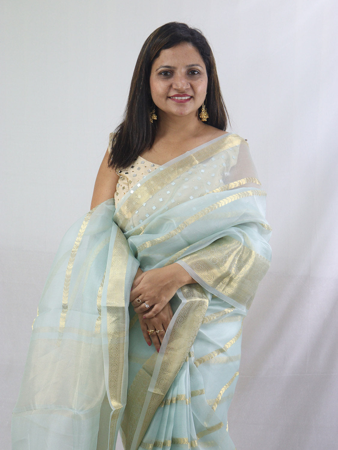 Stylish Blue Handloom Banarasi Kora Silk Saree with Stripes Design - Luxurion World
