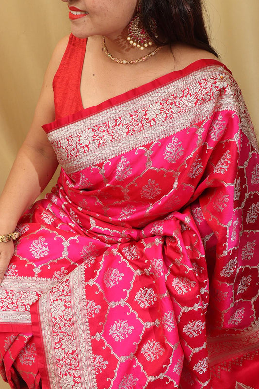 Vibrant Red & Pink Banarasi Silk Saree