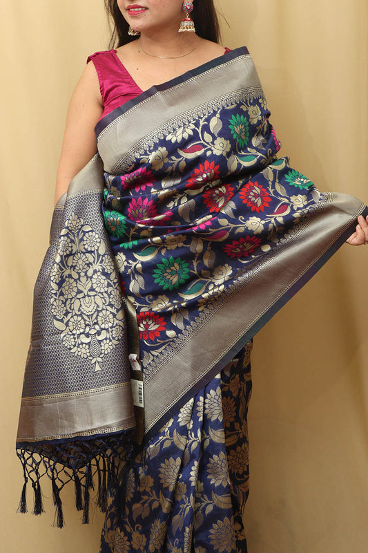 Elegant Blue Banarasi Cotton Silk Meenakari Saree