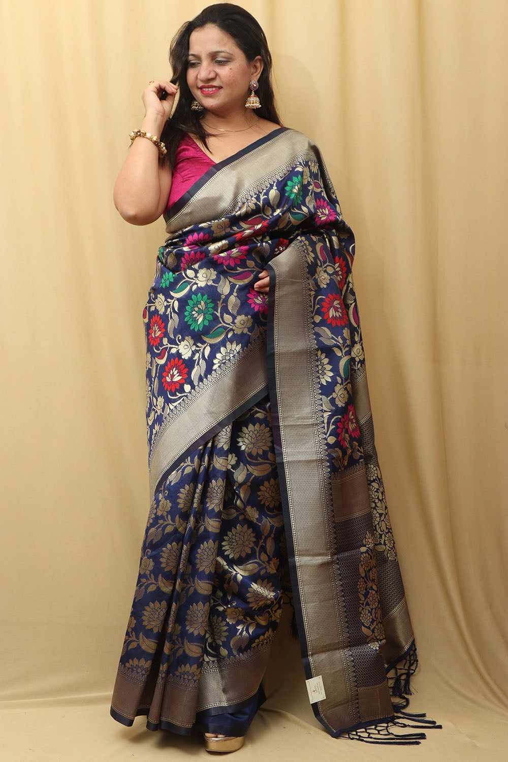 Elegant Blue Banarasi Cotton Silk Meenakari Saree - Luxurion World