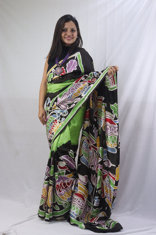 Stunning Green Hand Batik Murshidabad Silk Saree - Perfect for Any Occasion!