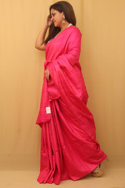 Pink Handloom Bhagalpur Pure Tussar Silk Saree - Luxurion World