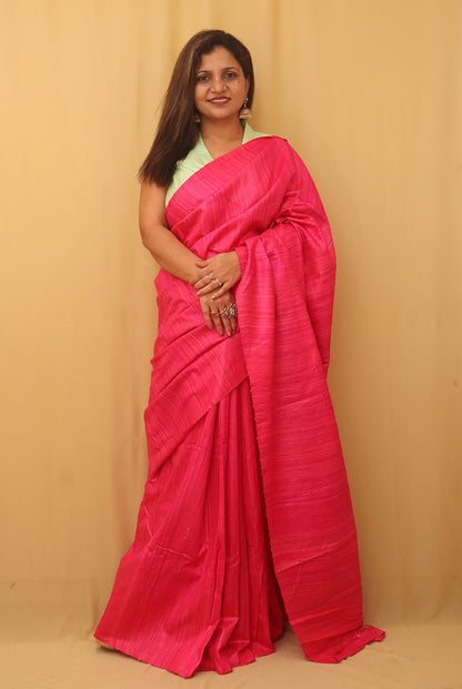 Pink Handloom Bhagalpur Pure Tussar Silk Saree - Luxurion World