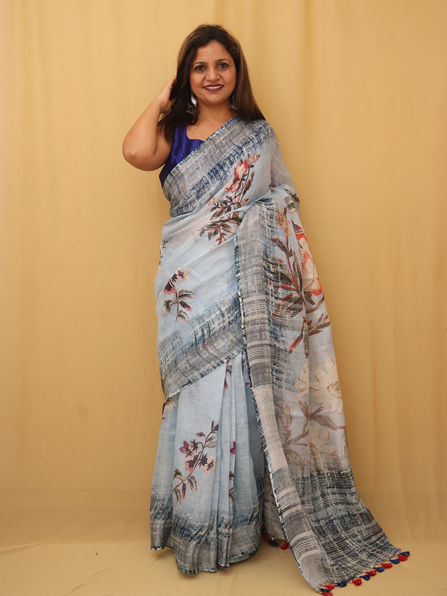 Grey Digital Printed Linen Saree - Main Image