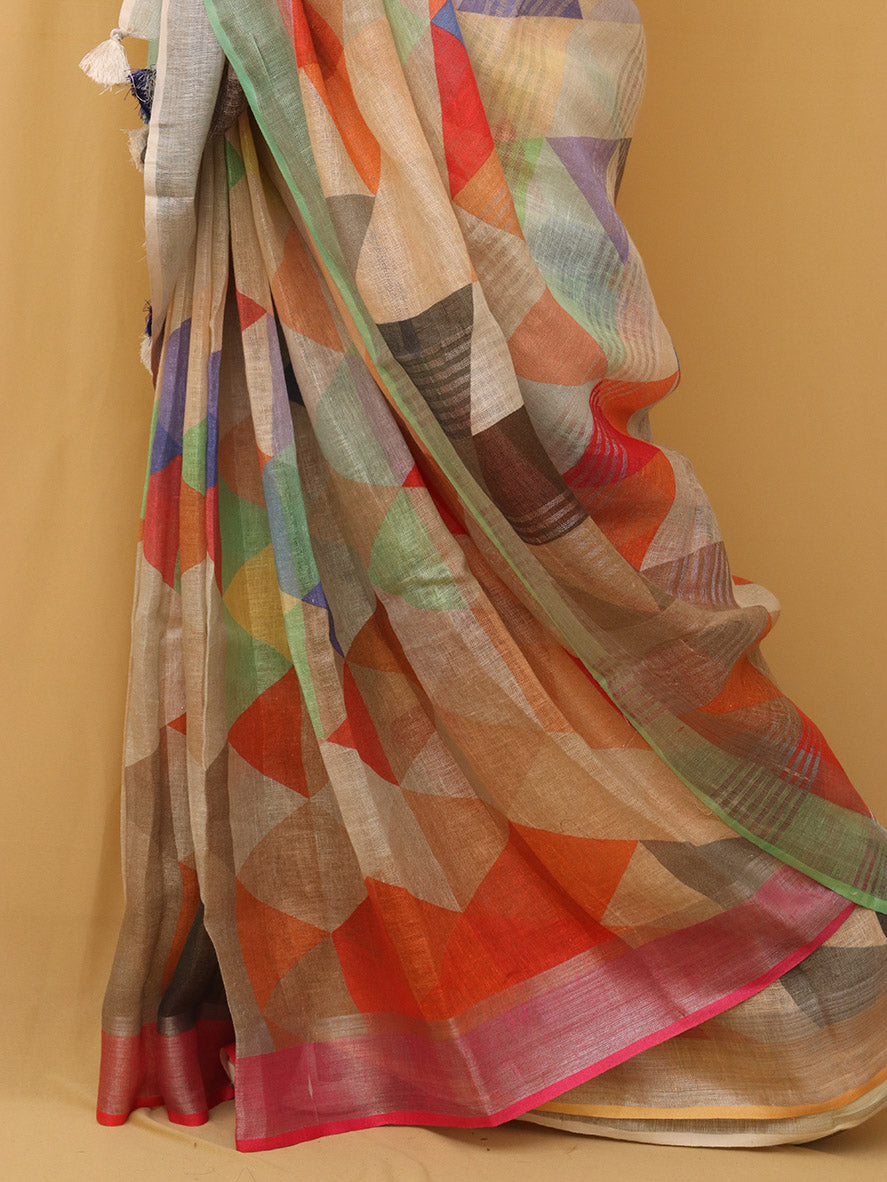 Multicolor Digital Printed Linen Saree - Luxurion World