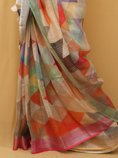 Multicolor Digital Printed Linen Saree - Luxurion World