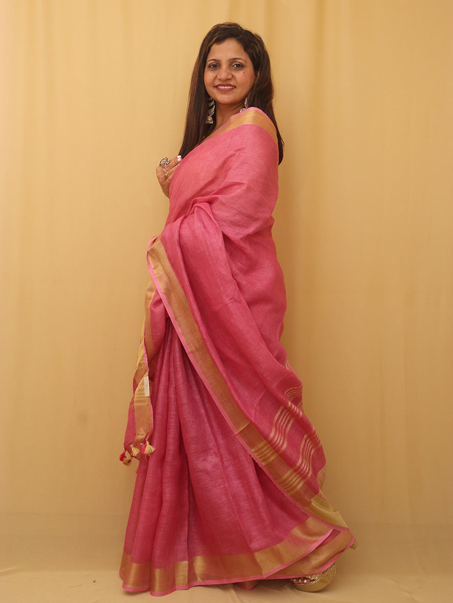 Pink Handloom Linen Saree - Luxurion World