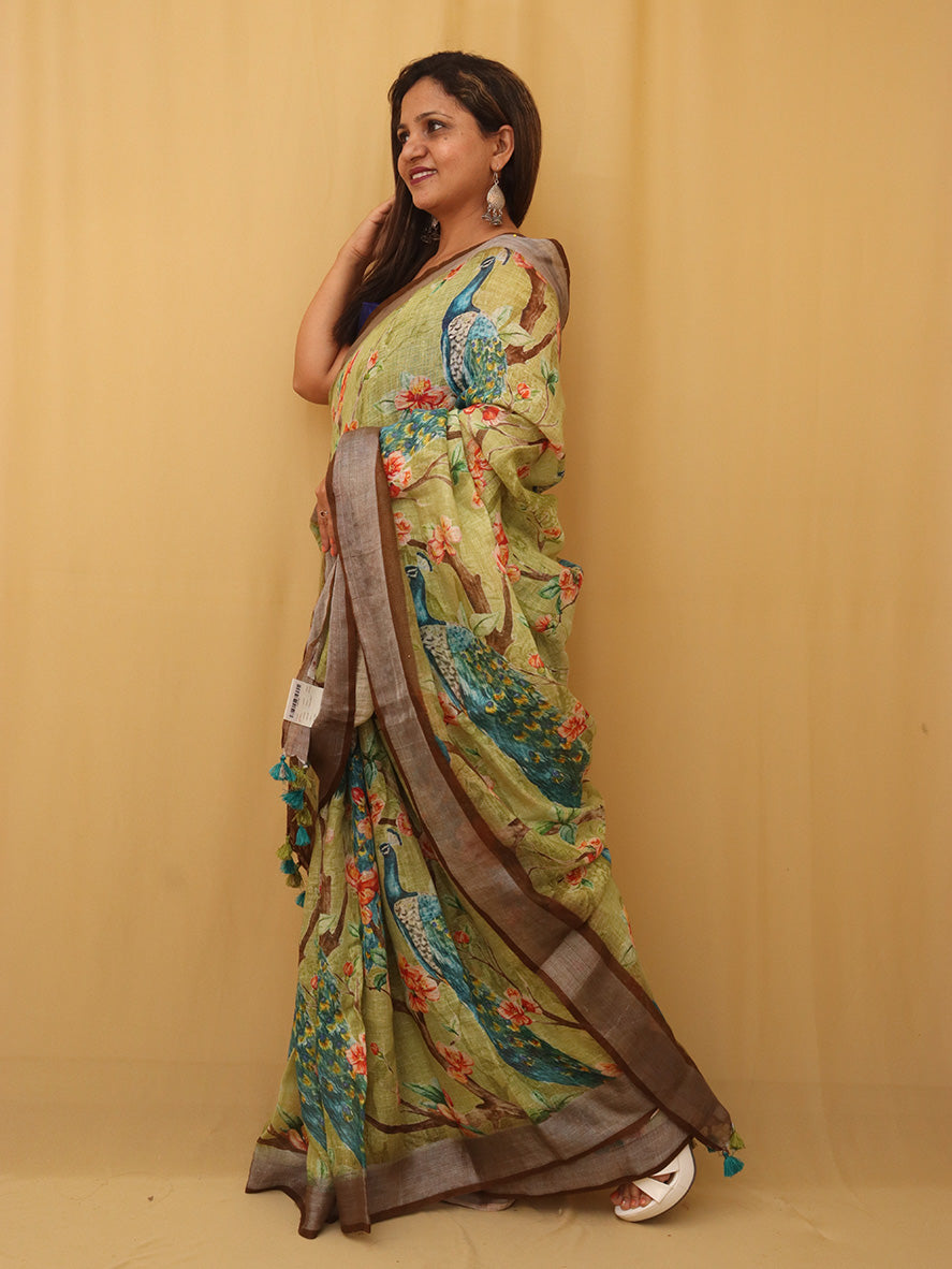 Green Digital Printed Linen Saree - Luxurion World