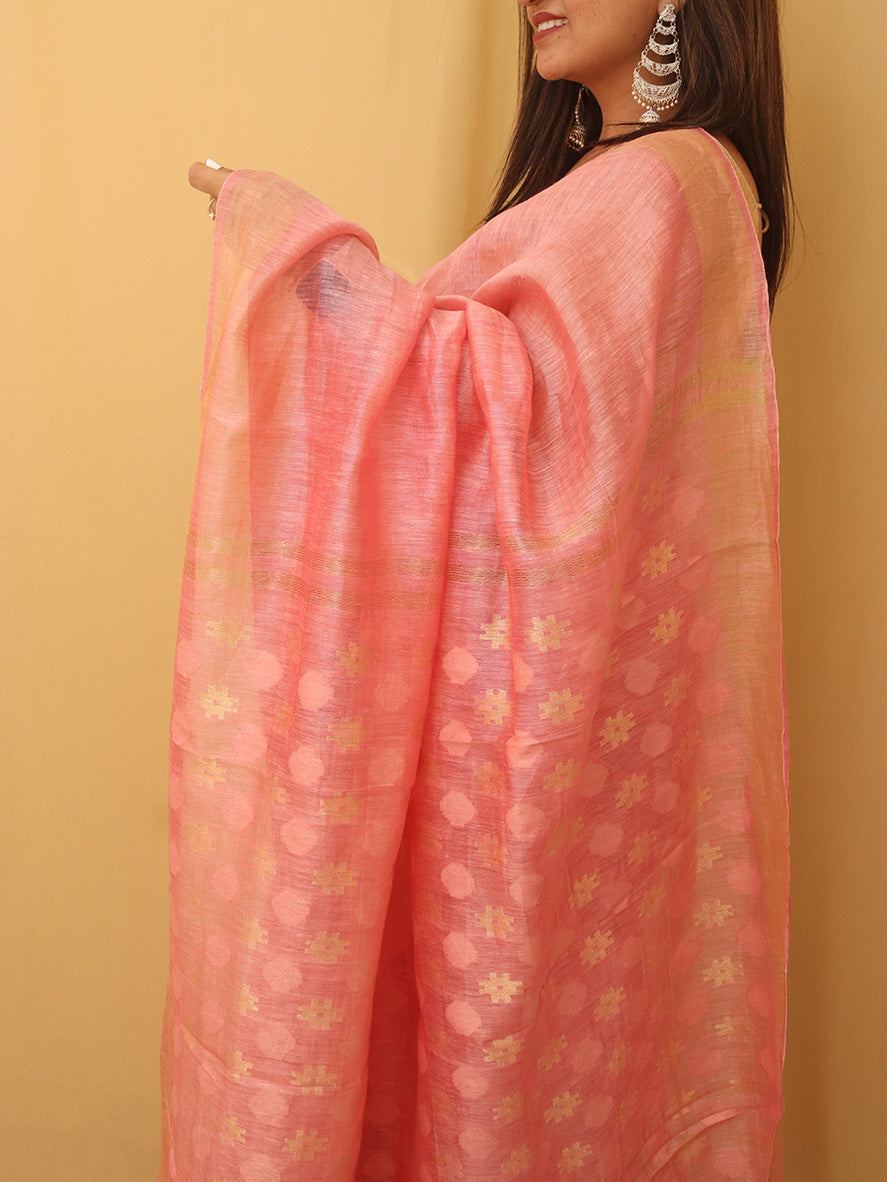 Pink Bhagalpur Linen Silk Heavy Pallu Saree - Luxurion World