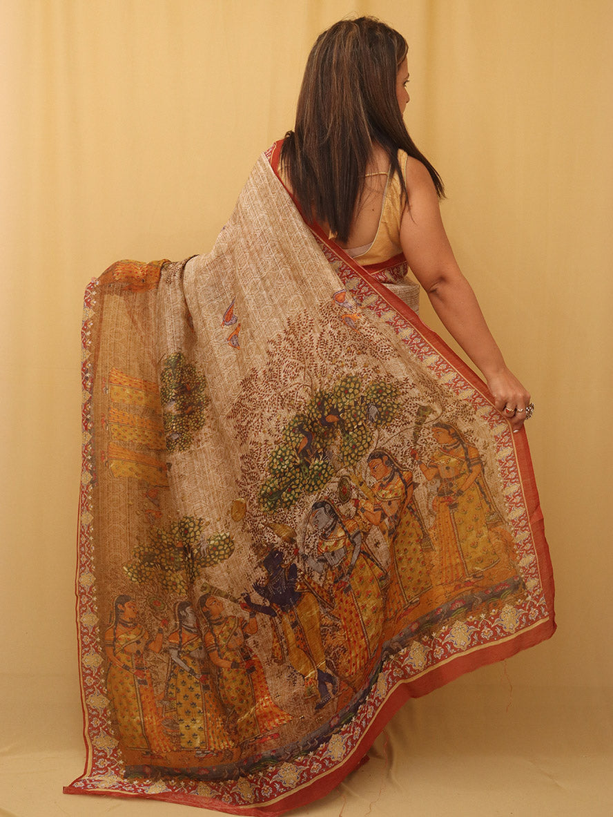 Multicolor Digital Printed Linen Saree - Luxurion World