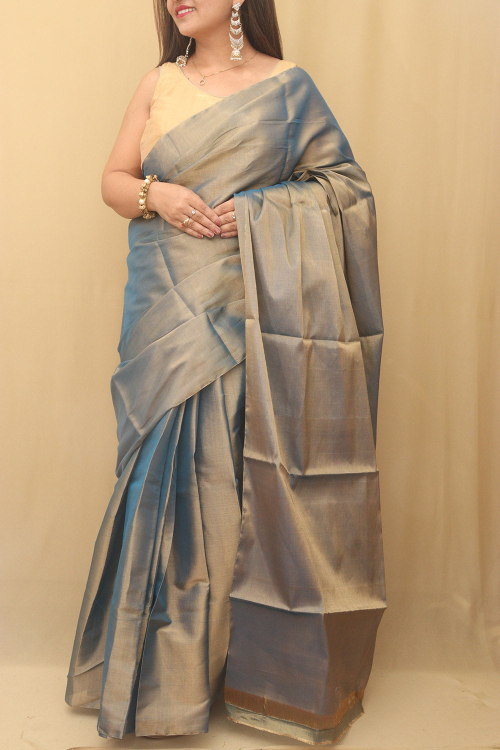 Blue Chanderi Handloom Plain Tissue Silk Saree - Luxurion World