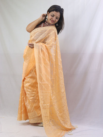 Stunning Orange Chikankari Kota Silk Saree with Embroidery - Luxurion World