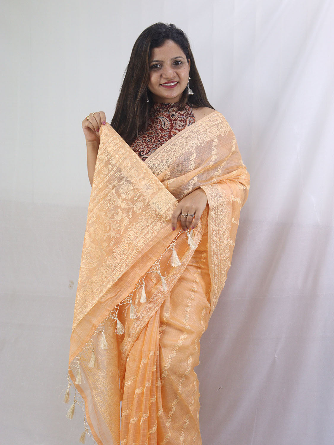 Stunning Orange Chikankari Kota Silk Saree with Embroidery - Luxurion World