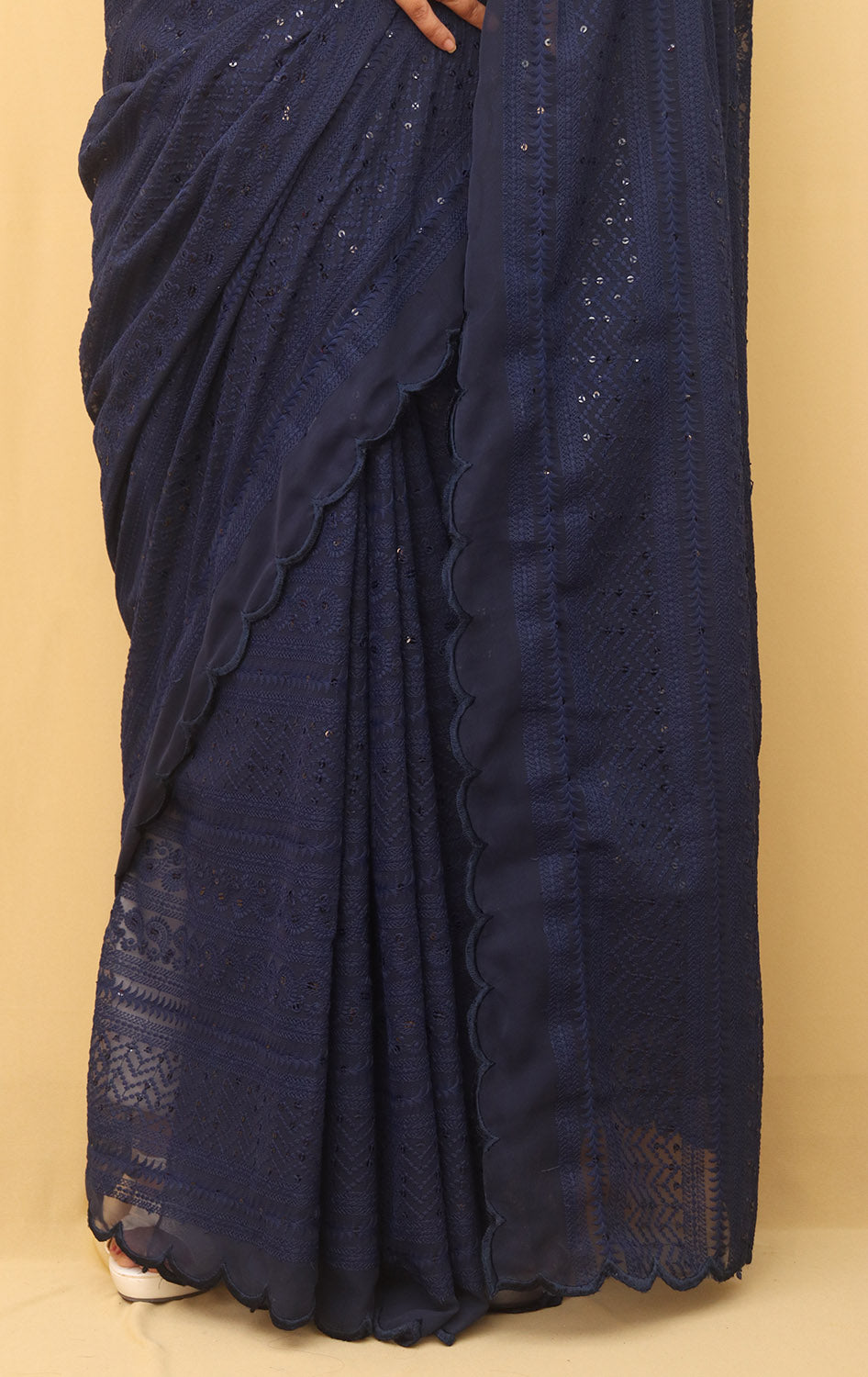 Blue Embroidered Chikankari Georgette Sequins Work Saree - Luxurion World