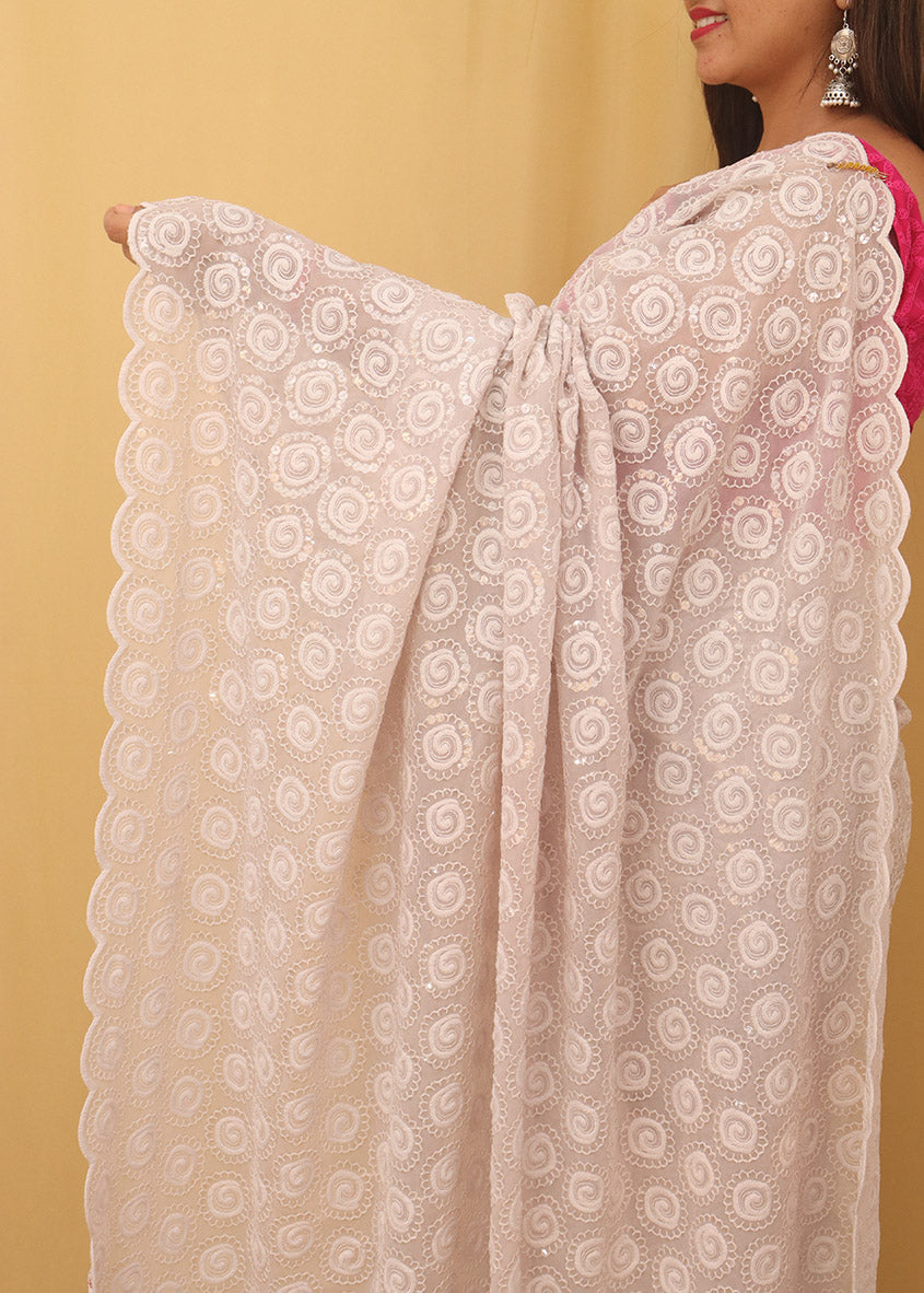 Off White Embroidered Chikankari Georgette Sequins Work Saree - Luxurion World