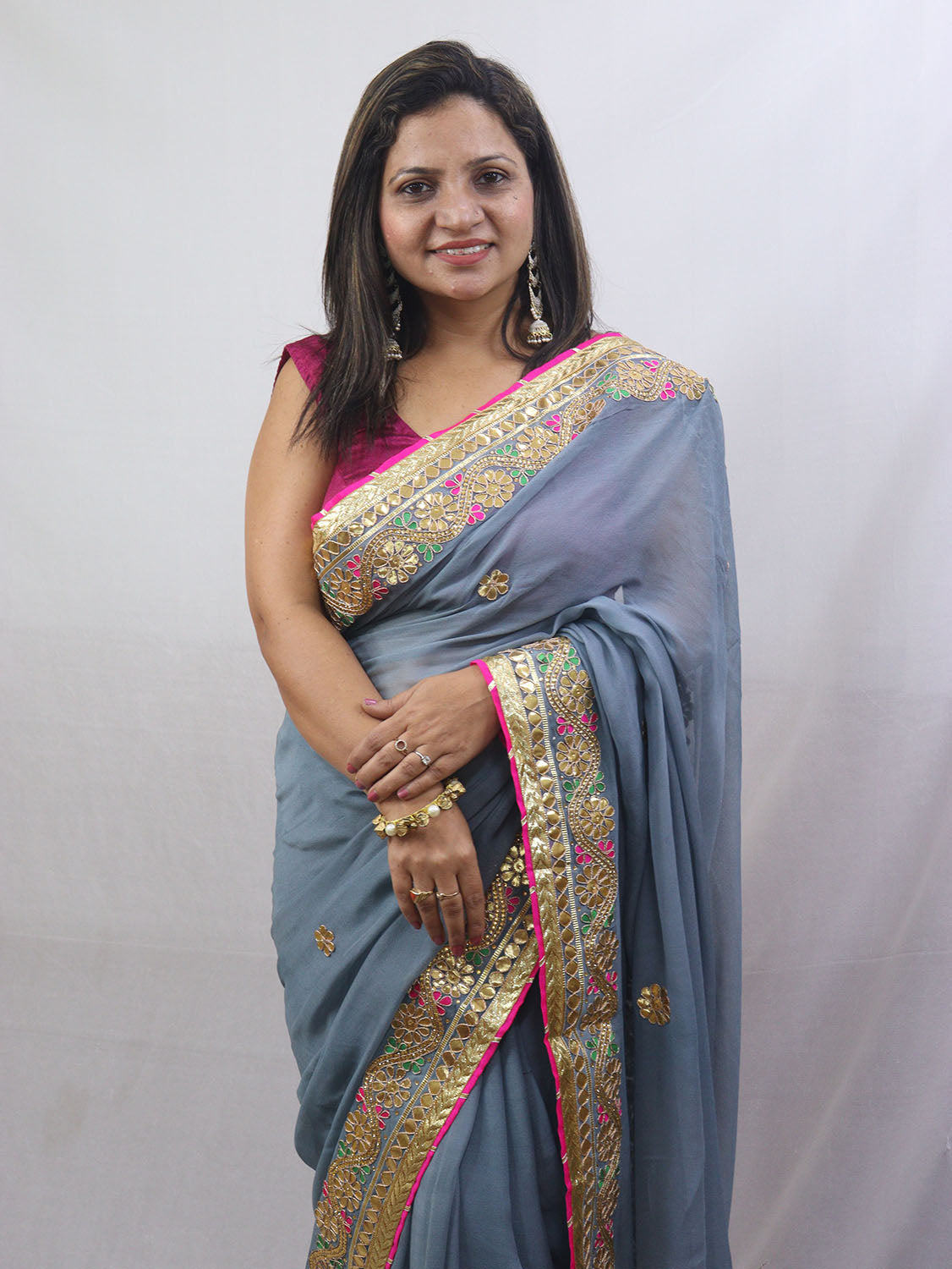 Stunning Grey Gota Patti Georgette Saree for Elegant Occasions - Luxurion World