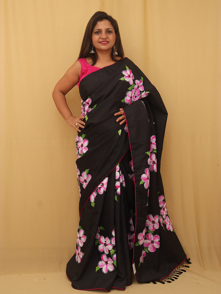 Black Hand Painted Recycled Fabric Saree - Luxurion World