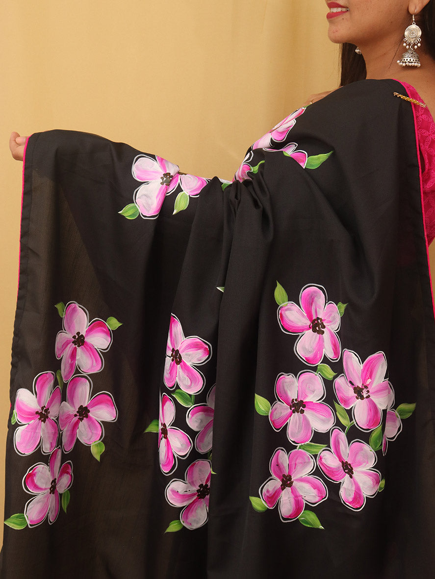 Black Hand Painted Recycled Fabric Saree - Luxurion World