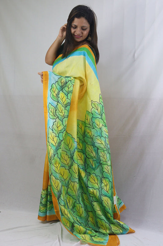 Stunning Yellow Murshidabad Silk Saree with Hand Painted Designs