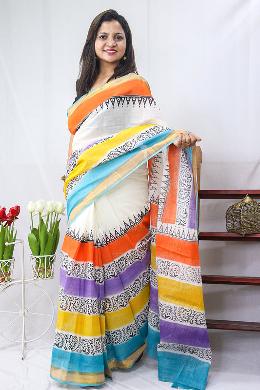 Hand Painted Kerala Cotton Saree - Elegant Off White Design - Luxurion World