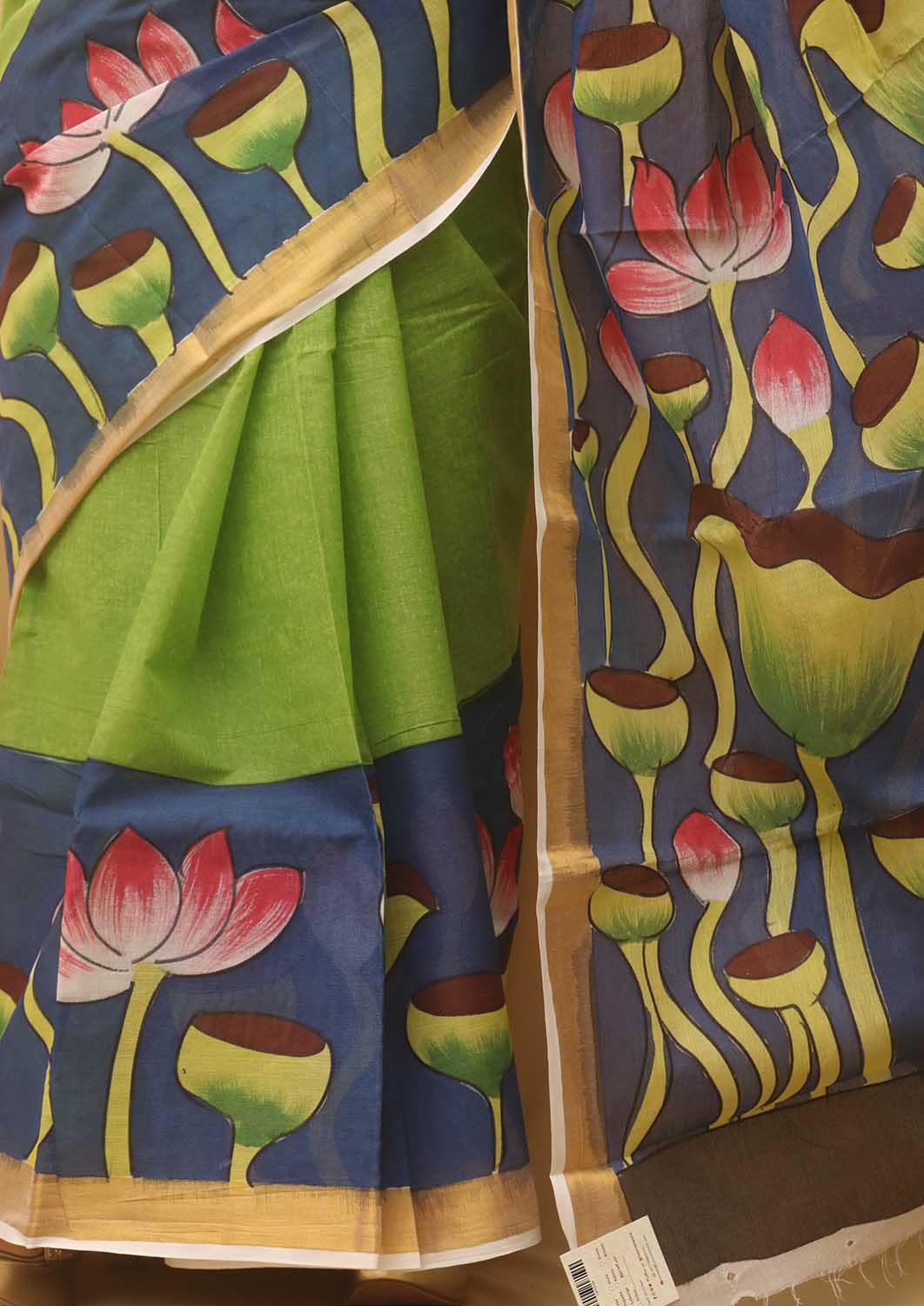 Green Hand Painted Kerala Cotton Saree - Luxurion World